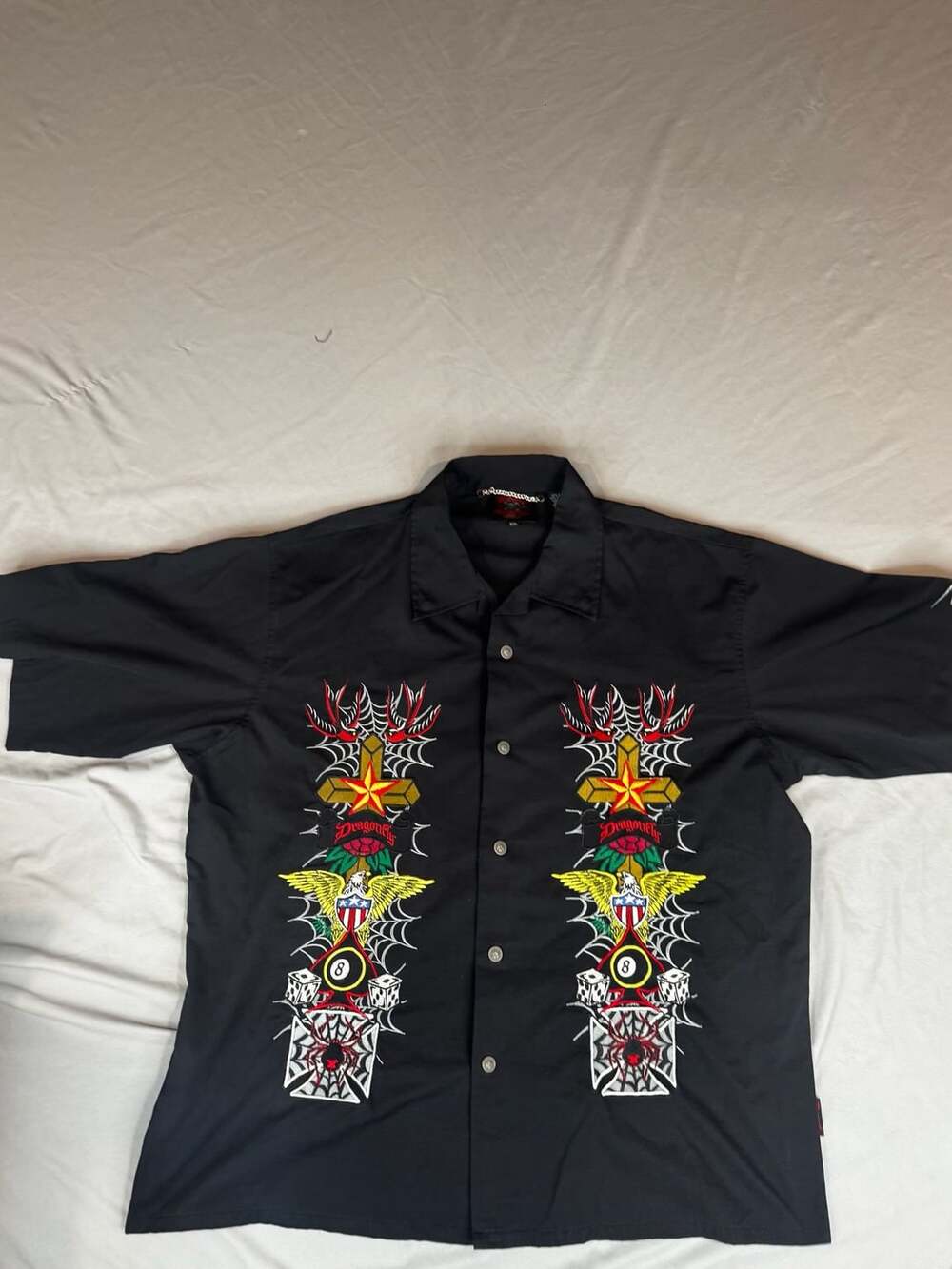 Dragonfly Roadhouse Black Embroidered Short Sleeve Button Up Shirt 2XL